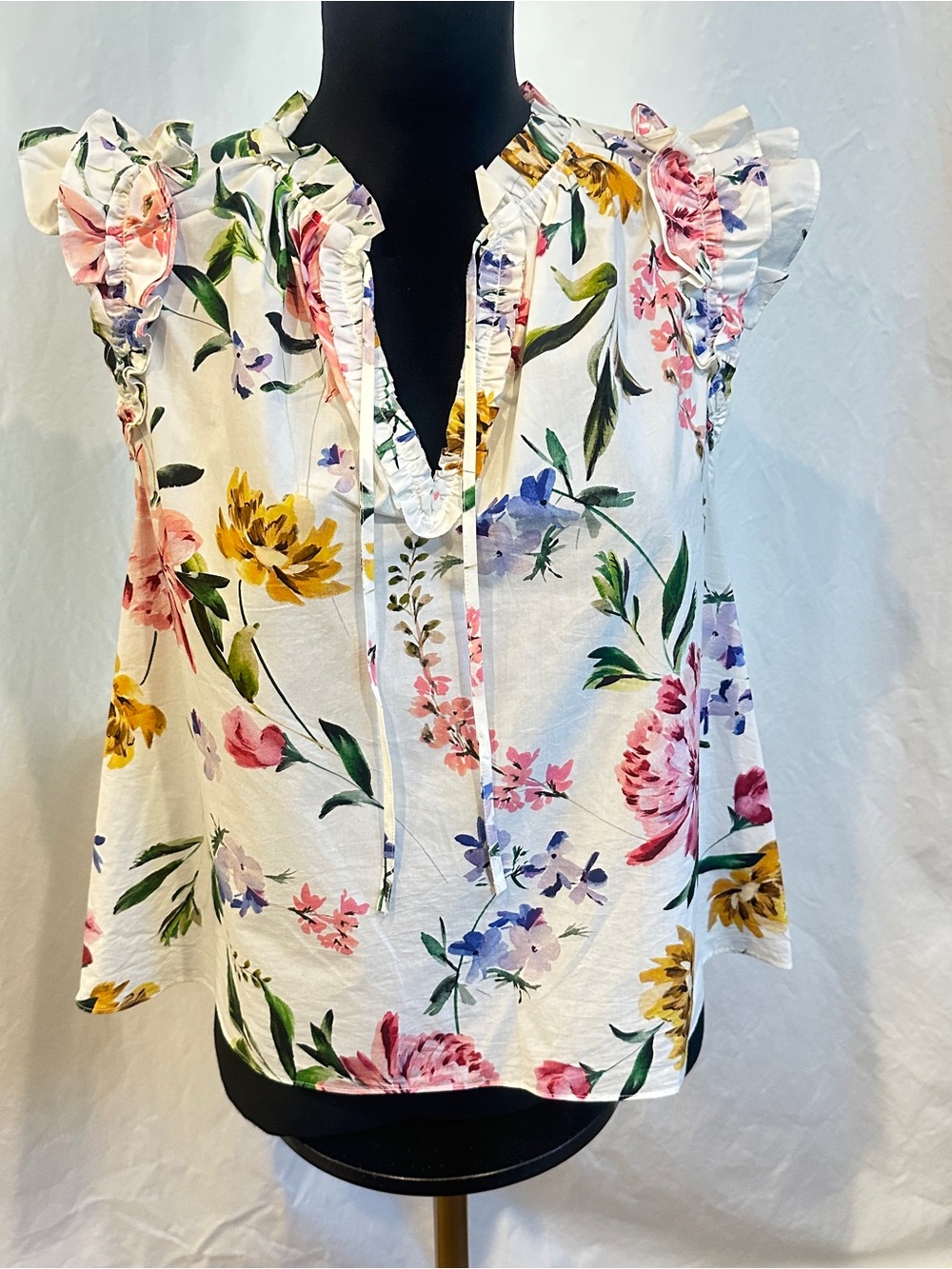 Generation Love White Floral Ruffle Tie-Neck Blouse 100% Cotton